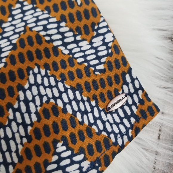 O'Neill Blue Geometric White Blue Brown Pattern Halter Skater Tank Top Neck Tie - Picture 2 of 8